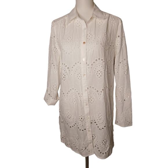 Adiva Eyelet Lace Long Sleeve Sheer Layer Tunic Button Up Shirt Blouse Medium - Picture 1 of 10